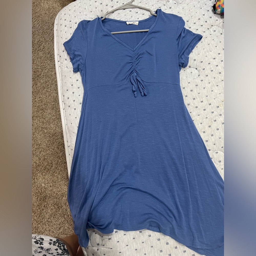 blue dress v neck with tie on front